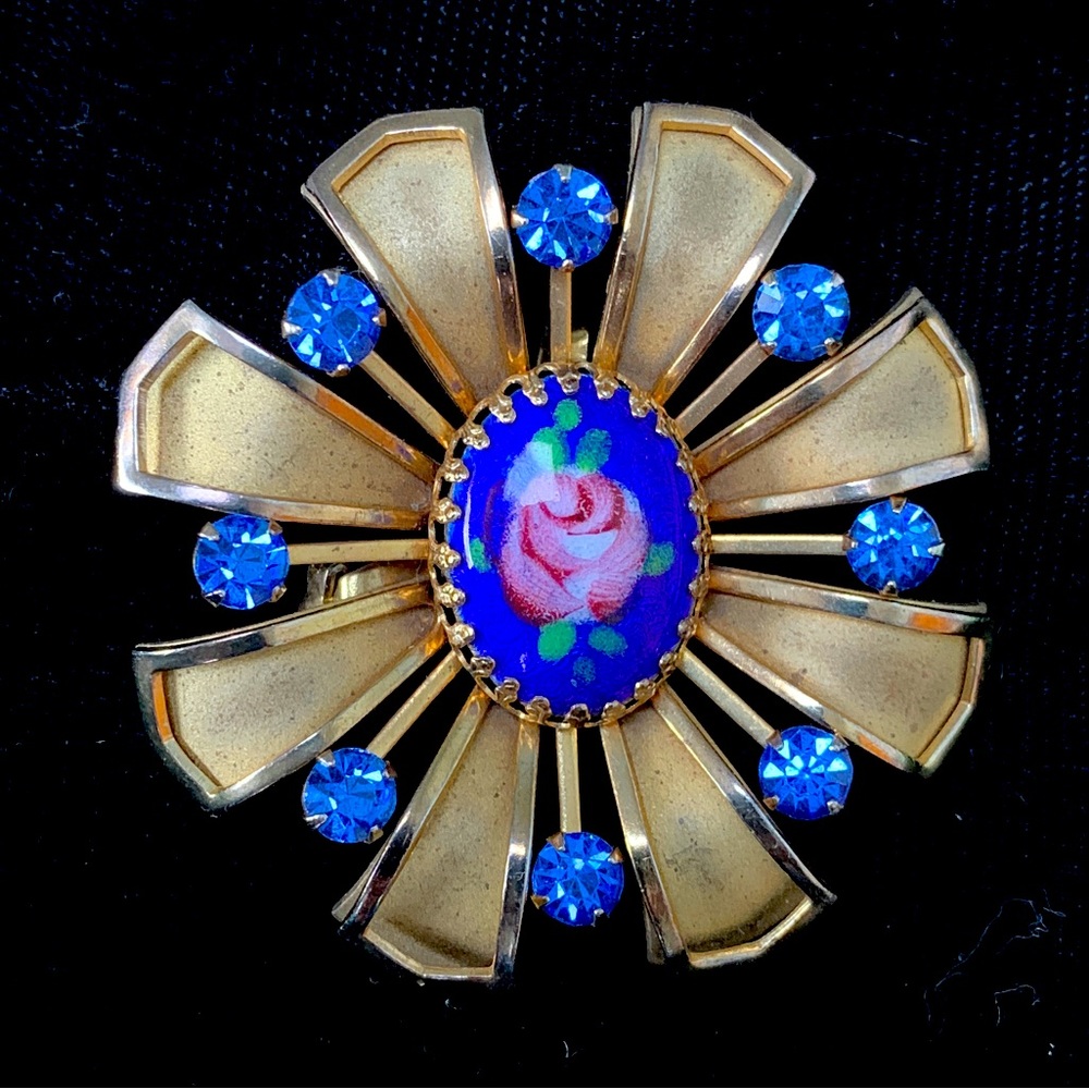 Vintage Blue Gold tone Rose Rhinestone Brooch
